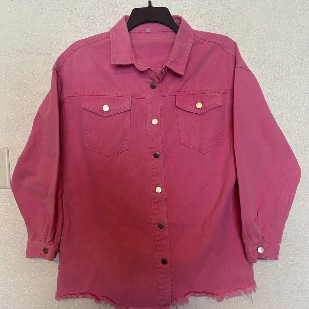 Women's Pink Denim Jean Jacket With Flowers embellishments On The Back Sz 1XL